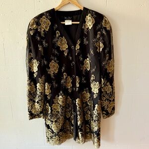 Vintage Black and Gold Mesh Overlay Floral Blouse